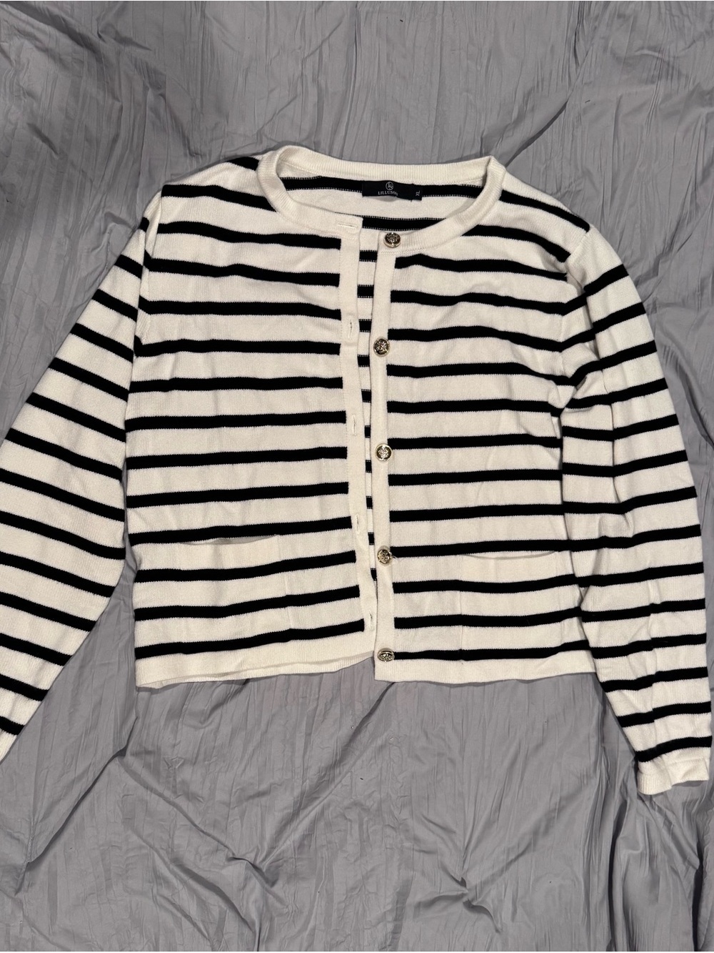 Striped Black and White Button-Front Knit Cardigan